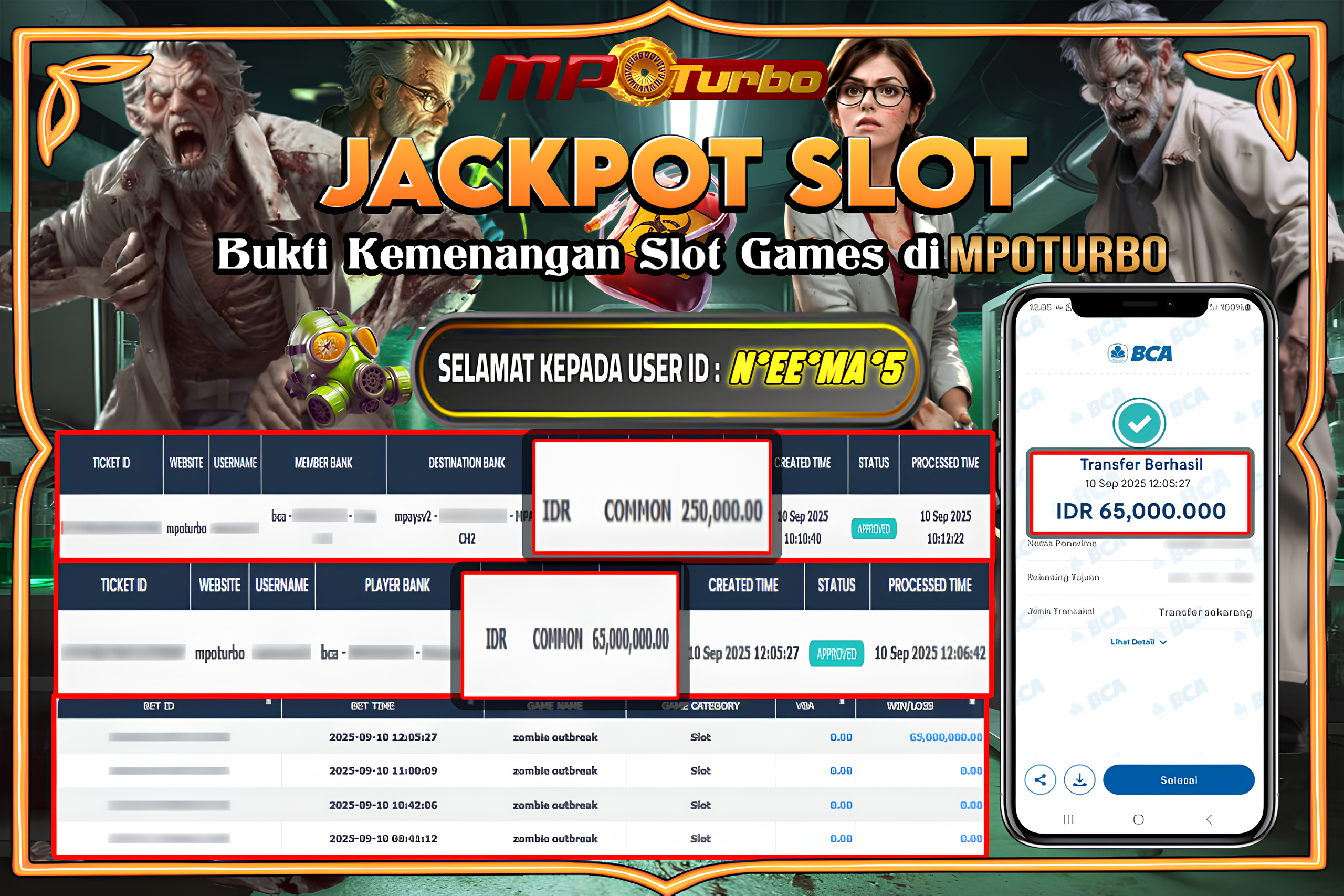 MPOTURBO JACKPOT SLOT ZOMBIE OUTBREAK - PG - SOFT Rp 65,000,000.00,- LUNAS